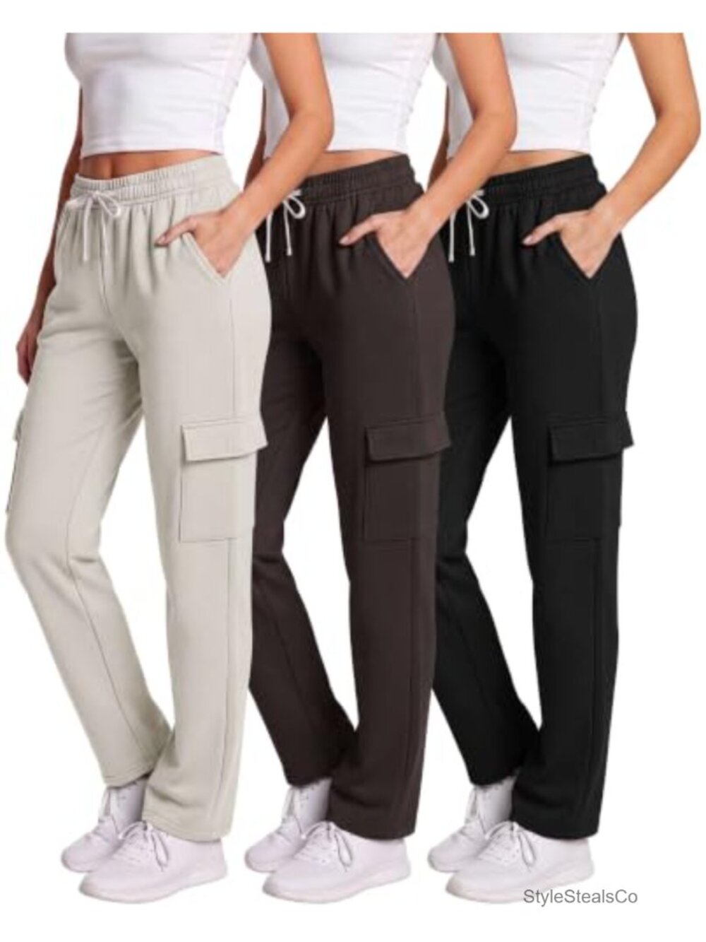 3 Pack Fleece Cargo Sweatpants Women's Baggy Drawstring Lounge Pants with